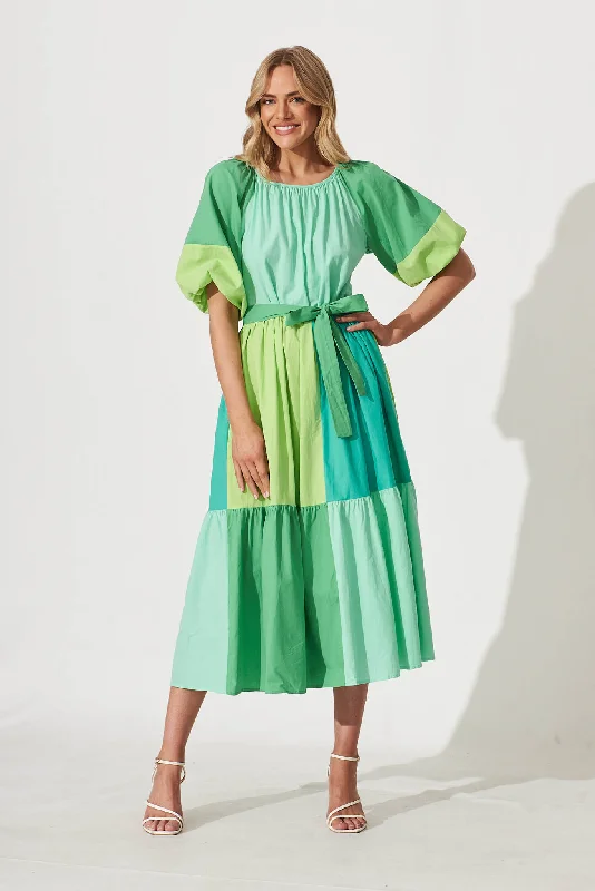 Laguna Midi Smock Dress In Multi Green Colourblock Cotton