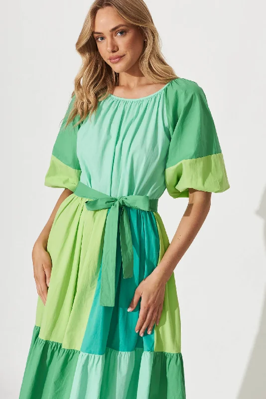 Laguna Midi Smock Dress In Multi Green Colourblock Cotton