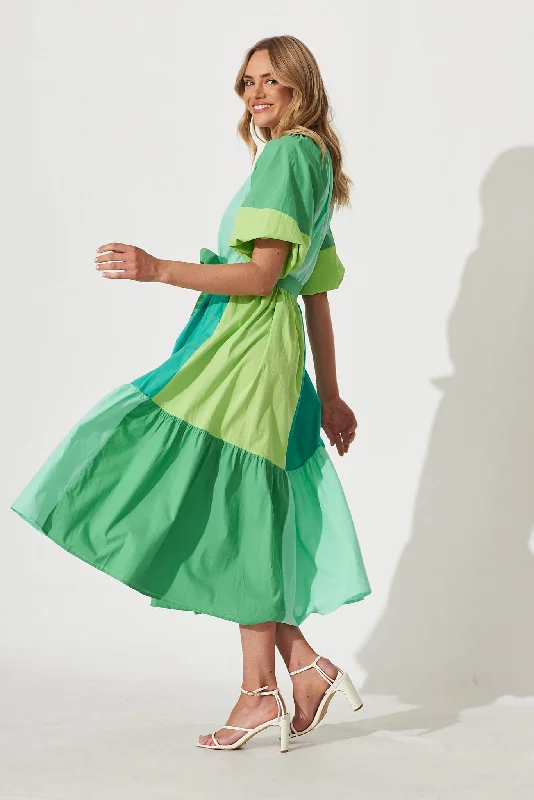 Laguna Midi Smock Dress In Multi Green Colourblock Cotton