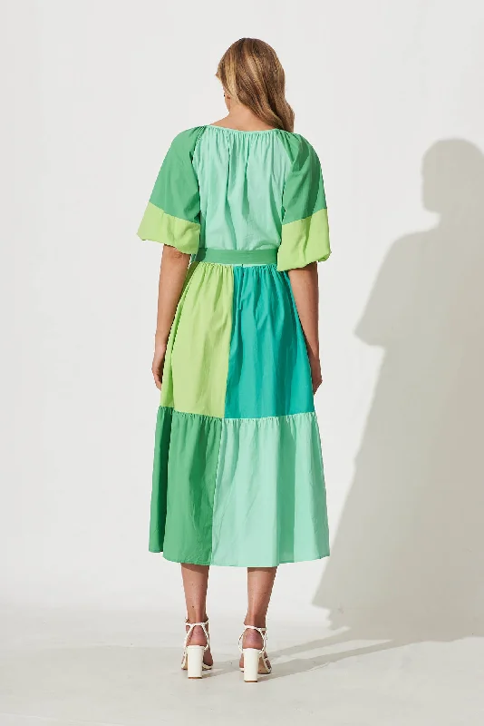 Laguna Midi Smock Dress In Multi Green Colourblock Cotton