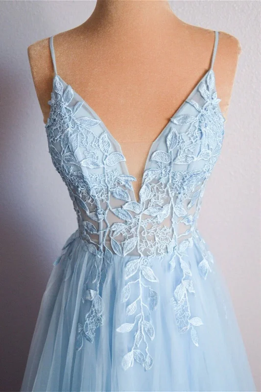 Light Blue V Neck Lace-Up Appliques Tulle Long Prom Dress Evening Dress  PSK439