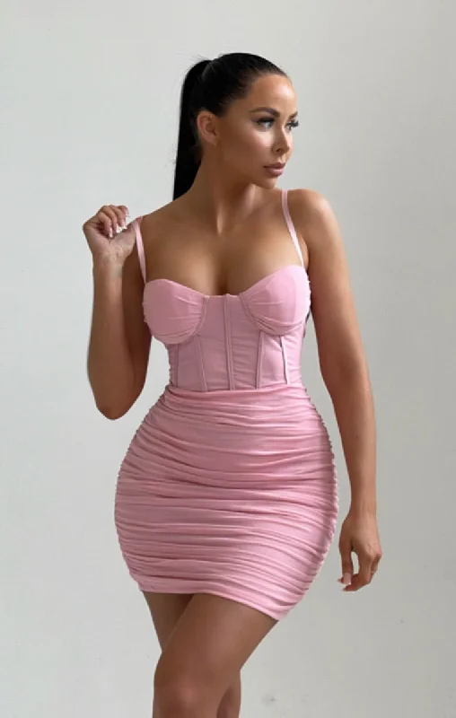 Light Pink Mesh Ruched Corset Strappy Bodycon Mini Dress - Penny