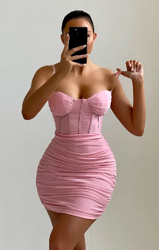 Light Pink Mesh Ruched Corset Strappy Bodycon Mini Dress - Penny