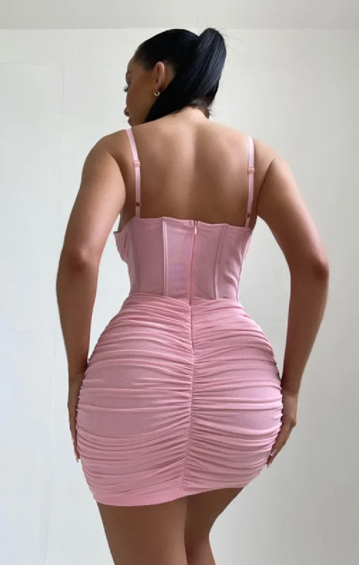 Light Pink Mesh Ruched Corset Strappy Bodycon Mini Dress - Penny