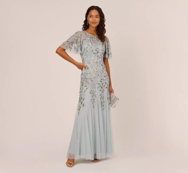 Long Floral Beaded Gown With Flutter Sleeves In Blue Heather