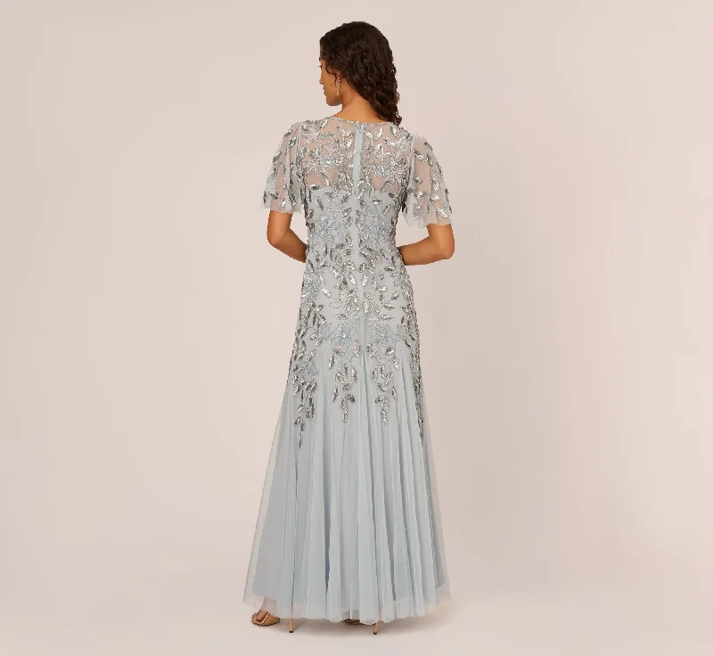 Long Floral Beaded Gown With Flutter Sleeves In Blue Heather