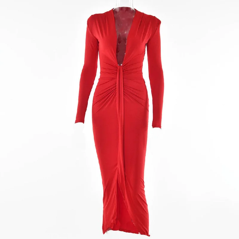 BerryBetty - Long sleeve v neck solid ruched slit midi dress