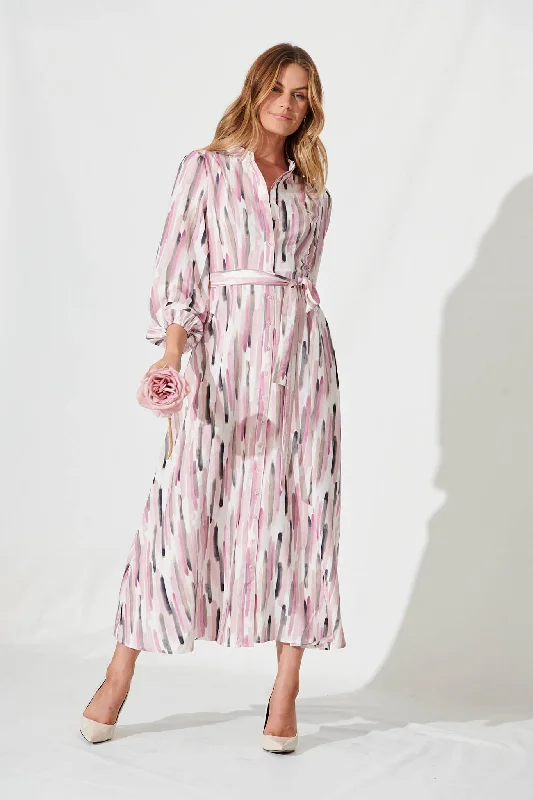 Lorie Maxi Shirt Dress In Cream Multi Brushstroke Print