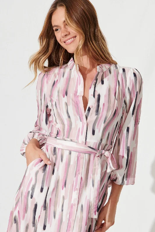 Lorie Maxi Shirt Dress In Cream Multi Brushstroke Print