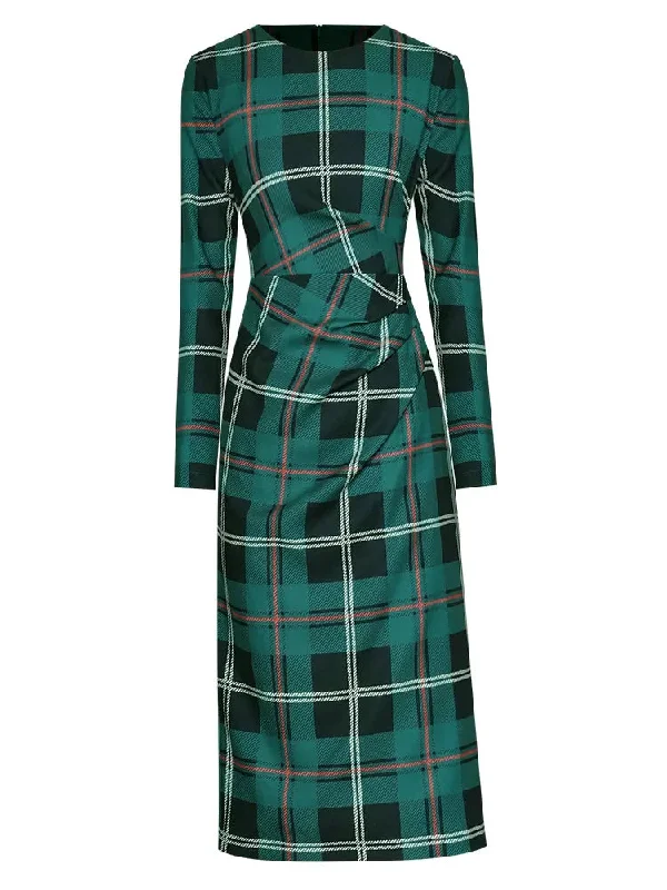 Lottie Long Sleeve Green Plaid Print Slim Lady Office Sheath Pencil Dress