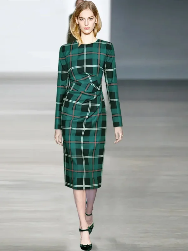 Lottie Long Sleeve Green Plaid Print Slim Lady Office Sheath Pencil Dress