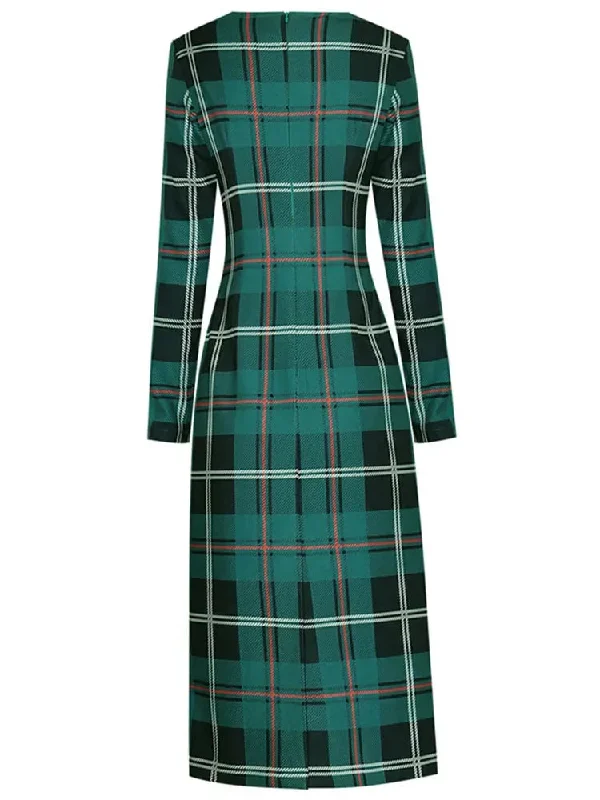 Lottie Long Sleeve Green Plaid Print Slim Lady Office Sheath Pencil Dress