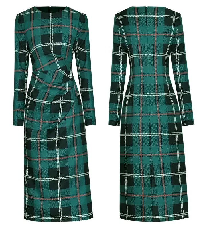 Lottie Long Sleeve Green Plaid Print Slim Lady Office Sheath Pencil Dress