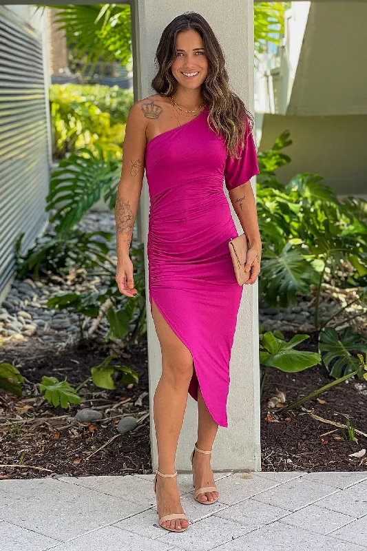 Magenta One Shoulder Ruched Midi Dress