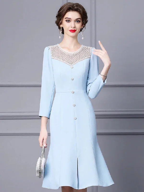 Margo O Neck Long Sleeve Beading Diamond High Waist Slit Slim Midi Dress