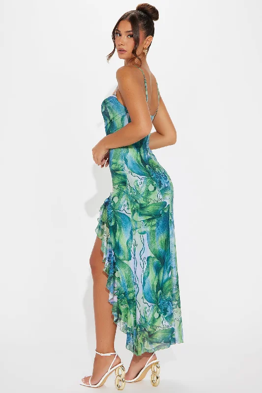 Maria Mesh Ruffle Maxi Dress - Green/combo