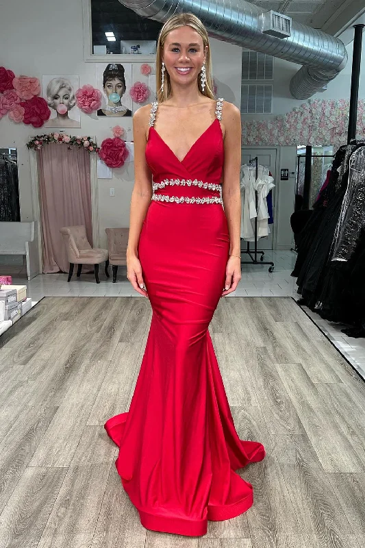 Mermaid Red Satin Prom Dress with Beading