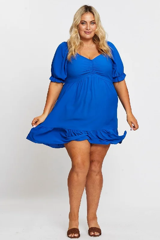 Mid Blue Short Puff Sleeve Gather Frill Hem Dress