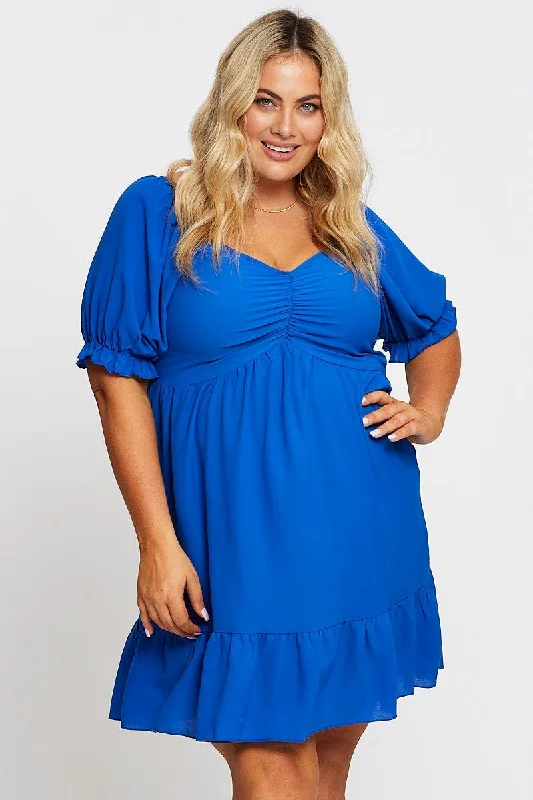 Mid Blue Short Puff Sleeve Gather Frill Hem Dress