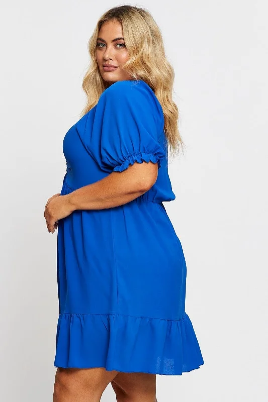 Mid Blue Short Puff Sleeve Gather Frill Hem Dress