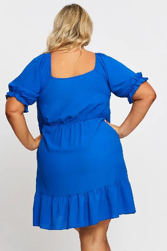 Mid Blue Short Puff Sleeve Gather Frill Hem Dress