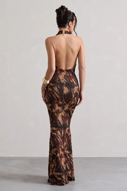 Milani | Animal Print Backless Cowl Neck Fishtail Maxi Dress