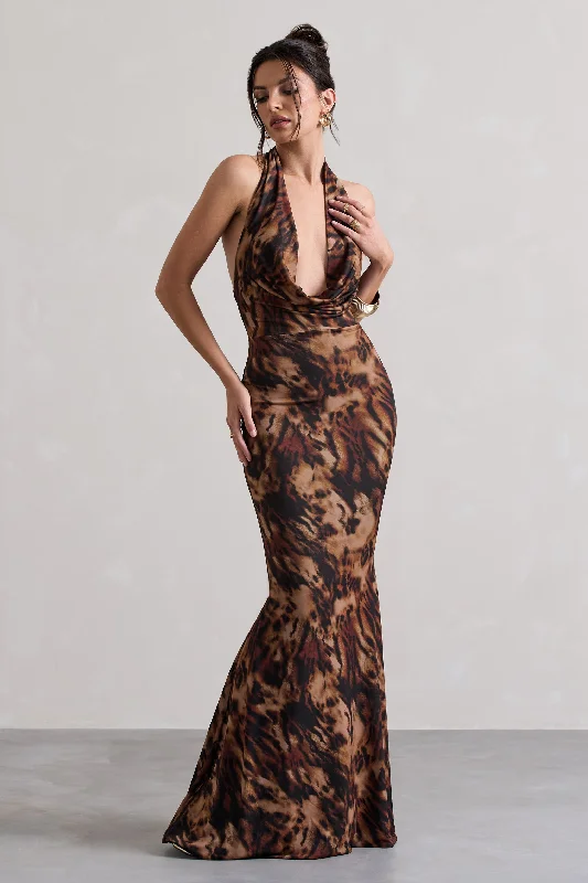 Milani | Animal Print Backless Cowl Neck Fishtail Maxi Dress