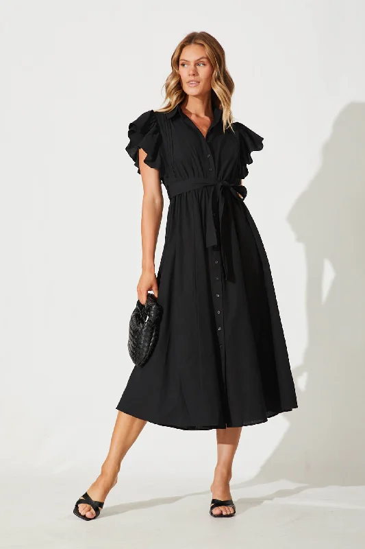 Miles Midi Shirt Dress In Black Cotton