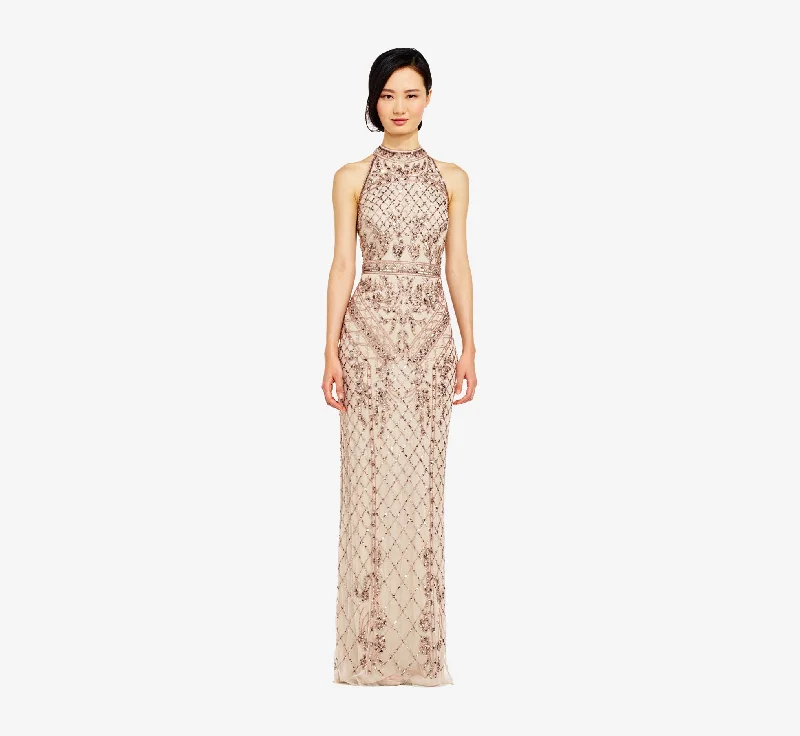 Mock Neck Beaded Column Dress With T-Back In Biscotti