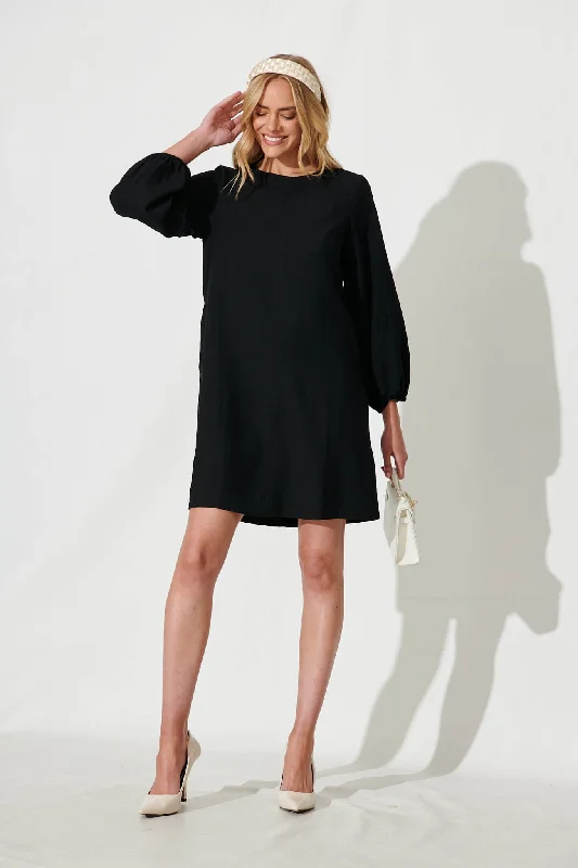 Moto Dress In Black Cotton Linen