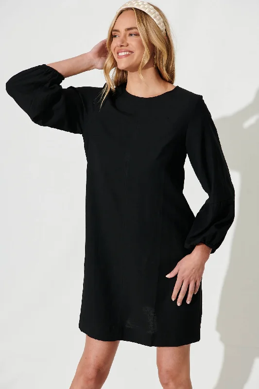 Moto Dress In Black Cotton Linen