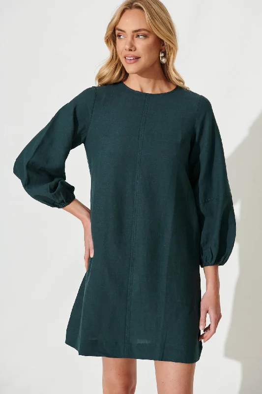 Moto Dress In Emerald Cotton Linen