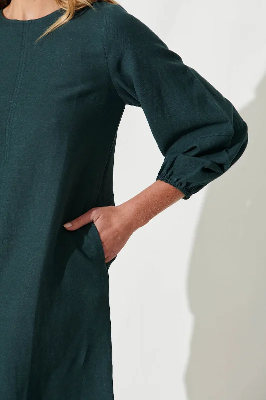 Moto Dress In Emerald Cotton Linen