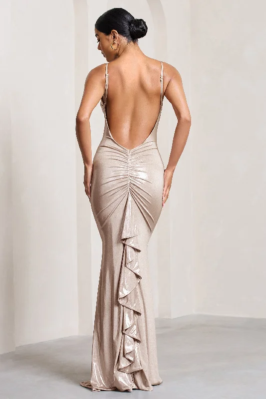 Naya | Gold Metallic Strappy V-Neck Fishtail Maxi Dress