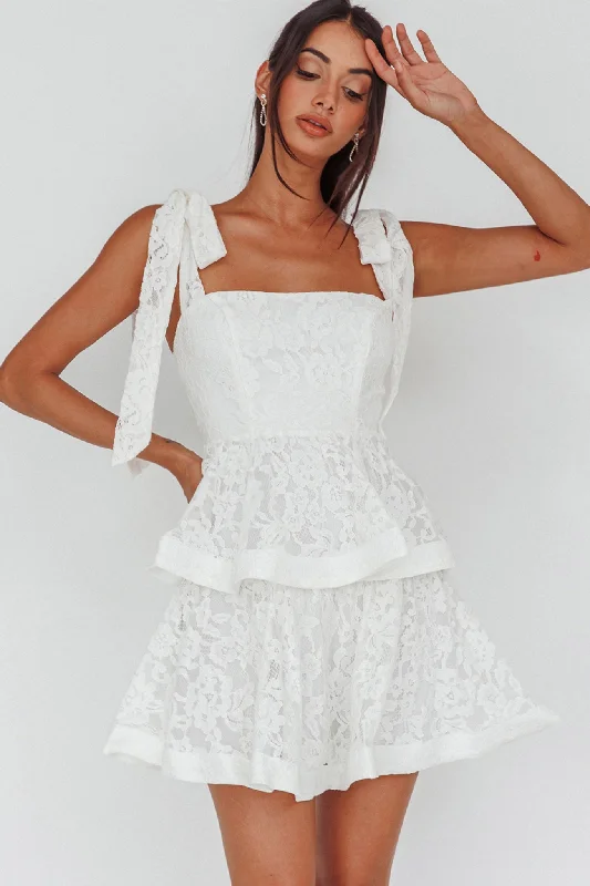 Neriah Tied Shoulder Tiered Lace Mini Dress White