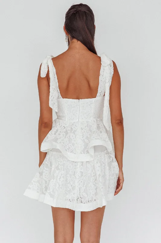 Neriah Tied Shoulder Tiered Lace Mini Dress White