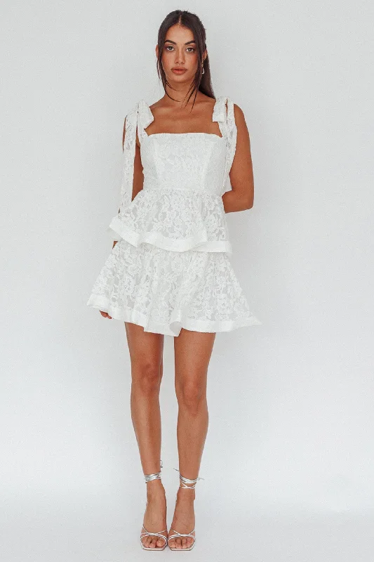 Neriah Tied Shoulder Tiered Lace Mini Dress White