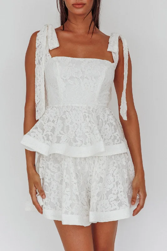 Neriah Tied Shoulder Tiered Lace Mini Dress White