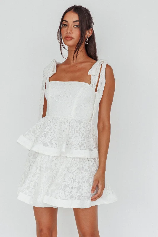 Neriah Tied Shoulder Tiered Lace Mini Dress White