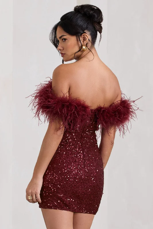 New Money | Burgundy Bodycon Sequin Mini Dress With Feather Trim