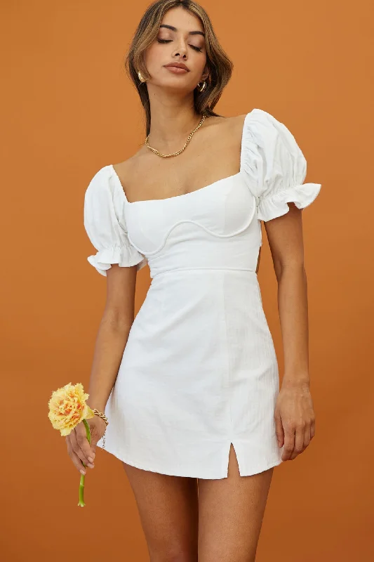 Norma Jean Puff Sleeve Piping Trim Mini Dress White