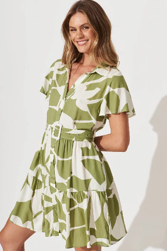 Notting Hill Shirt Dress In Olive And Cream Geometric Print