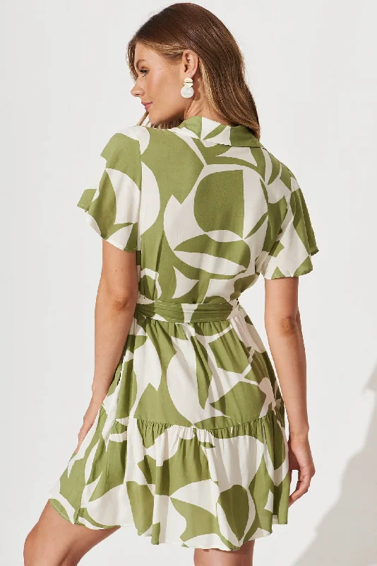 Notting Hill Shirt Dress In Olive And Cream Geometric Print