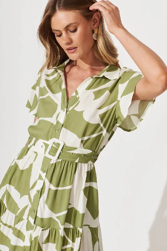 Notting Hill Shirt Dress In Olive And Cream Geometric Print