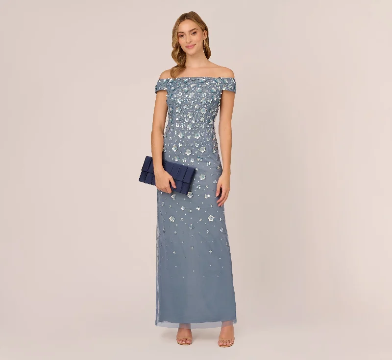 Off Shoulder Dress With Floral Embellishment In Vintage Blue