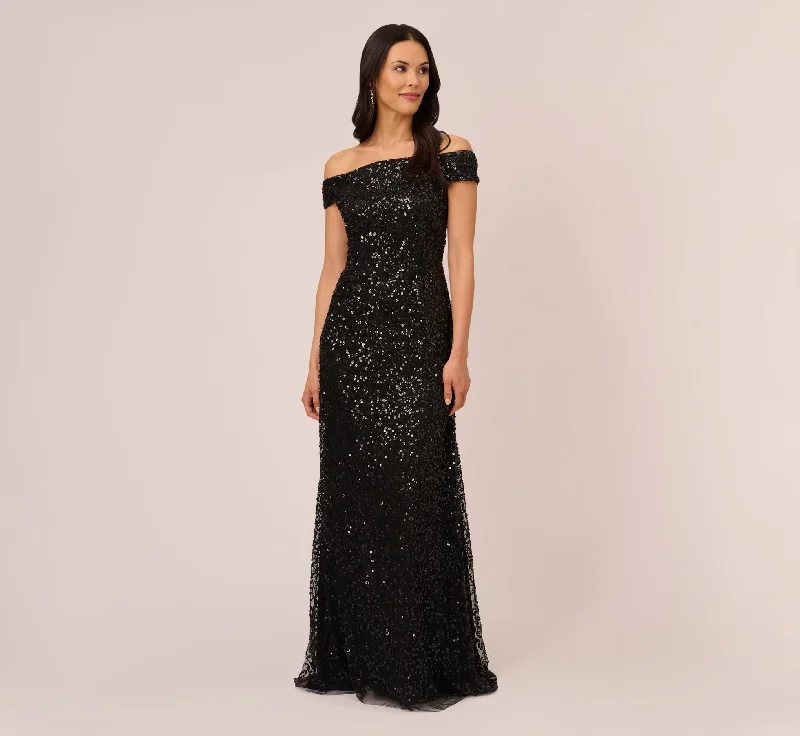 Off The Shoulder Sequin Beaded Gown In Black