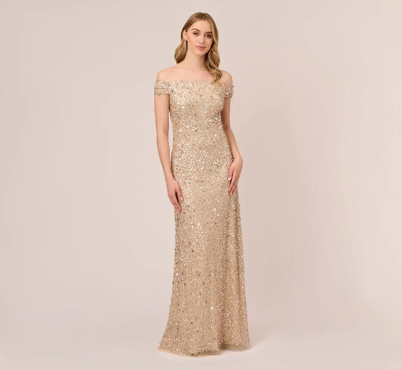 Off The Shoulder Sequin Beaded Gown In Champagne