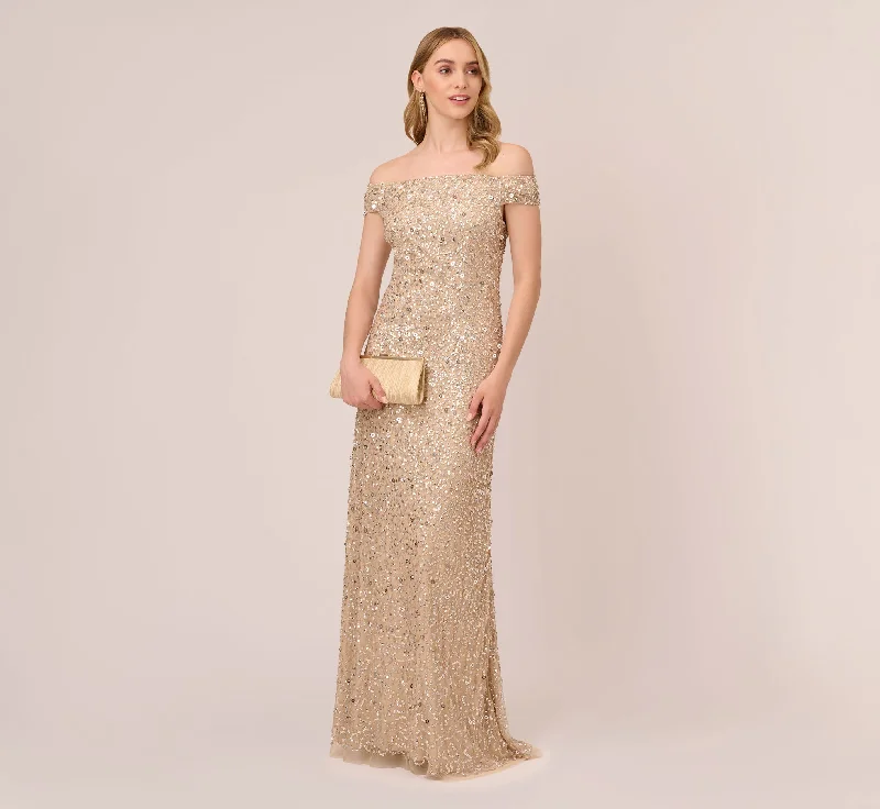 Off The Shoulder Sequin Beaded Gown In Champagne