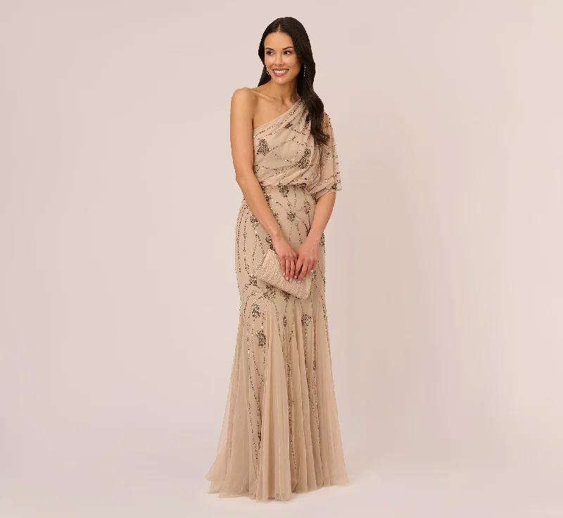 One Shoulder Beaded Gown In Nude