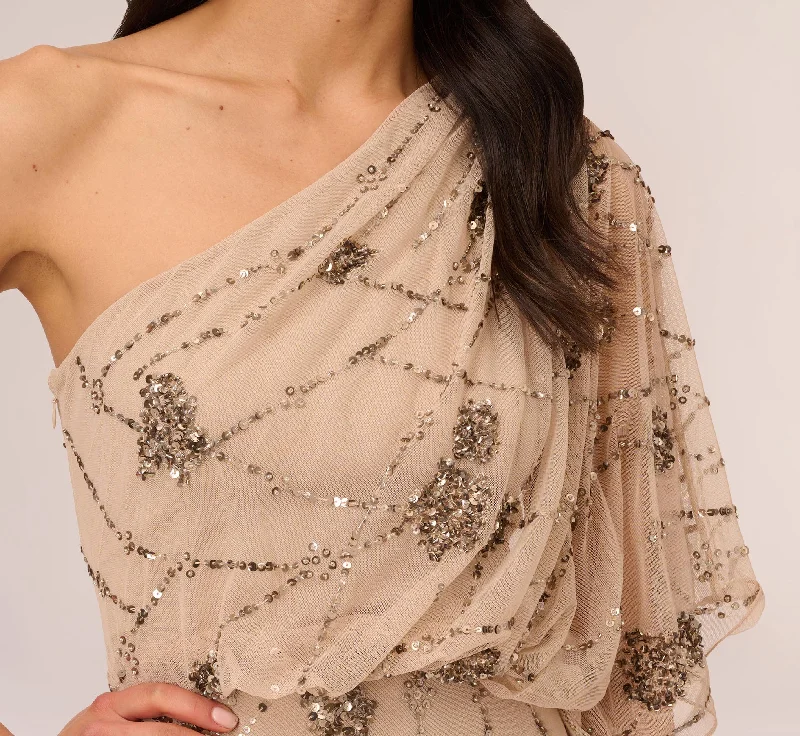 One Shoulder Beaded Gown In Nude